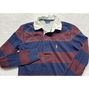 VTG Ralph Lauren Sport Shirt Youth S Blue Rugby  Stripe Argyle Pony Preppy Logo